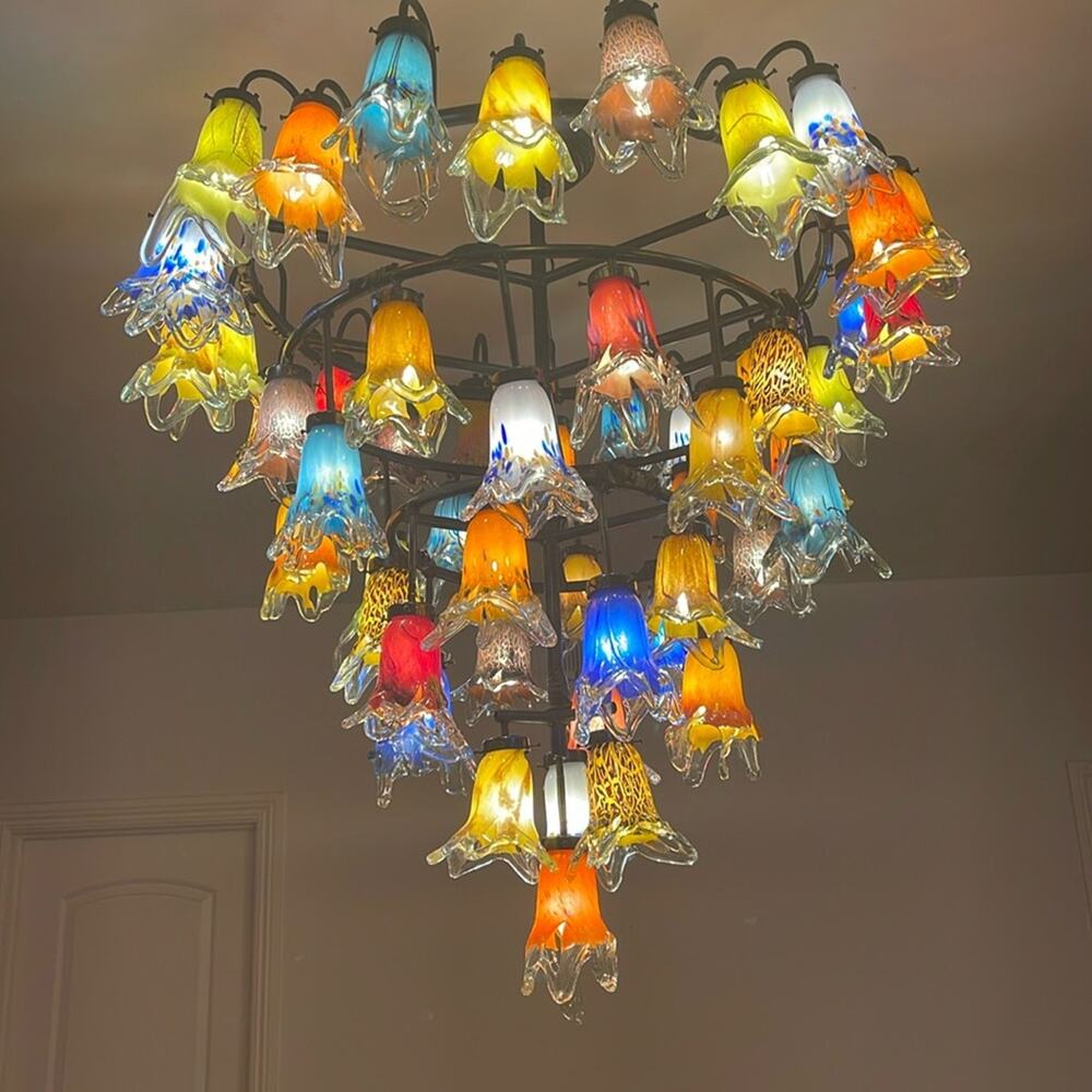 Hand Crafted Wrought Iron Chandelier With Colorful  Blown GlassTulips shades